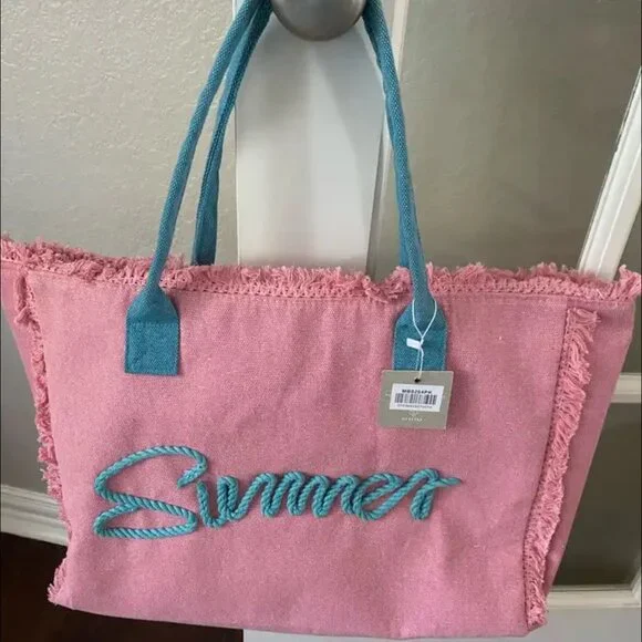 “Summer”‎ Rope Detail Pink & Teal Fringe Beach Tote Bag (NEW W/TAGS & SO CUTE!) - Picture 5 of 5